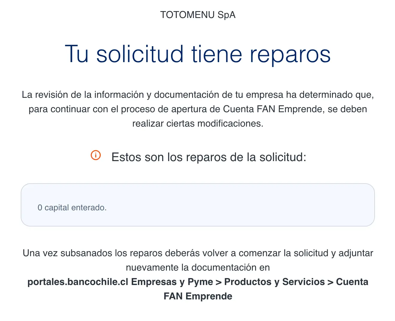 Mensaje de rechazo del Banco de Chile por 0 capital enterado