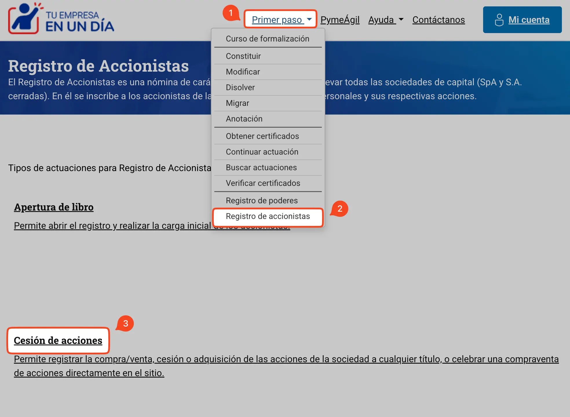 Menú de cesión de acciones